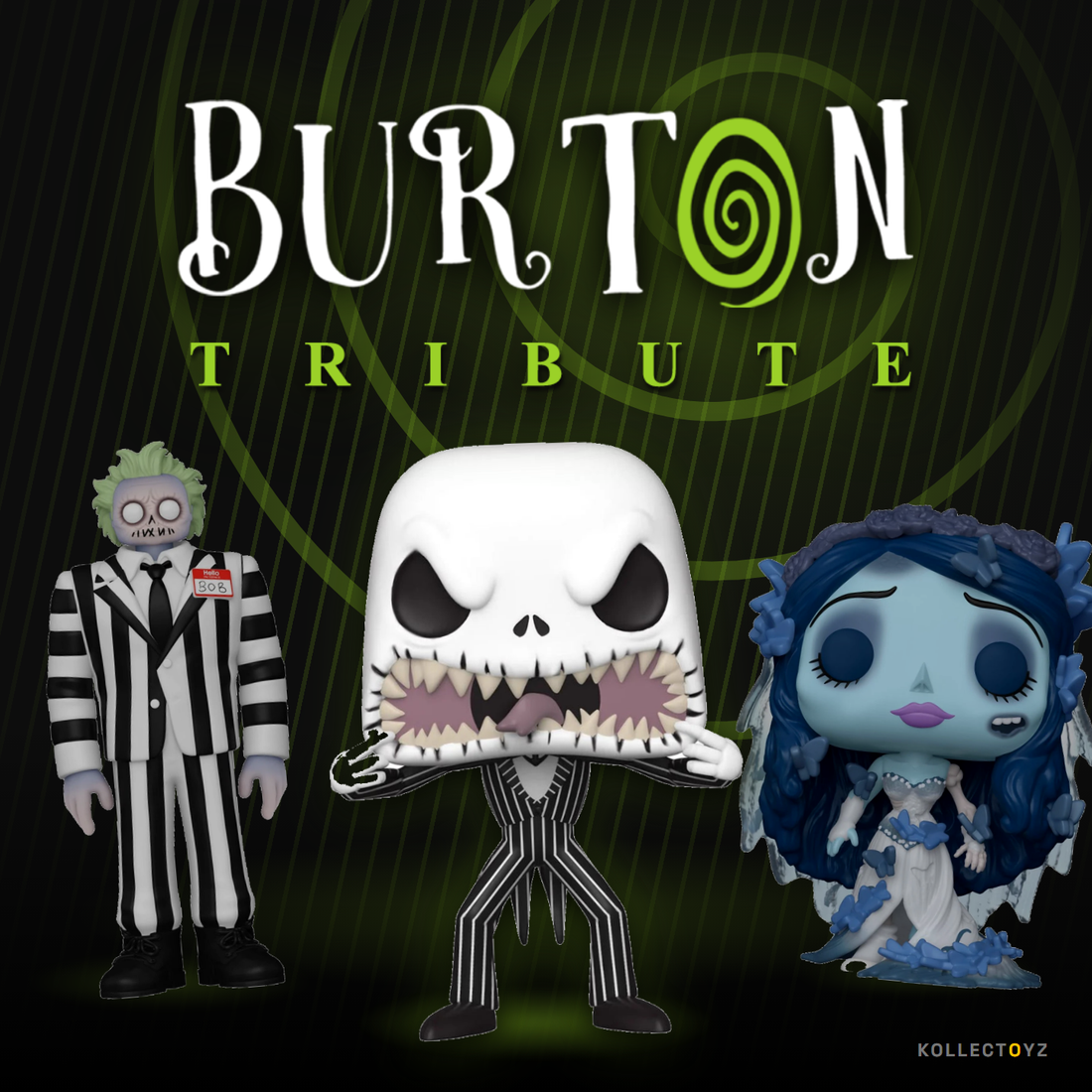 Burton Tribute: Funko Pop de Beetlejuice, Jack Skellington y Emily de El Cadaver de la Novia bajo el logo del evento