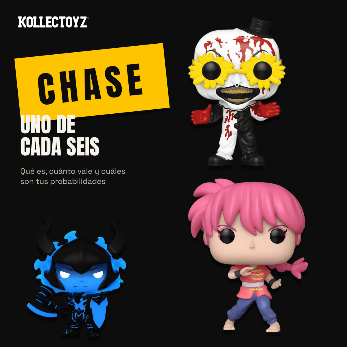Tres Funko Pop en versión chase sobre fondo negro con el sello Chase: Art the Clown, Iron de Solo Leveling y Ranma