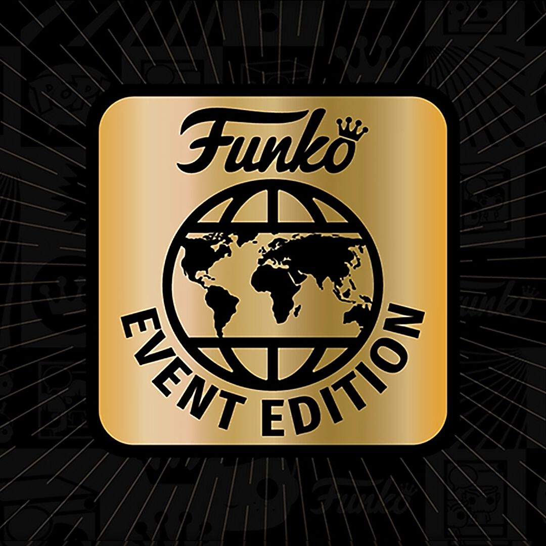 Lockup oficial de Funko EVENT EDITION: placa dorada con el globo terráqueo