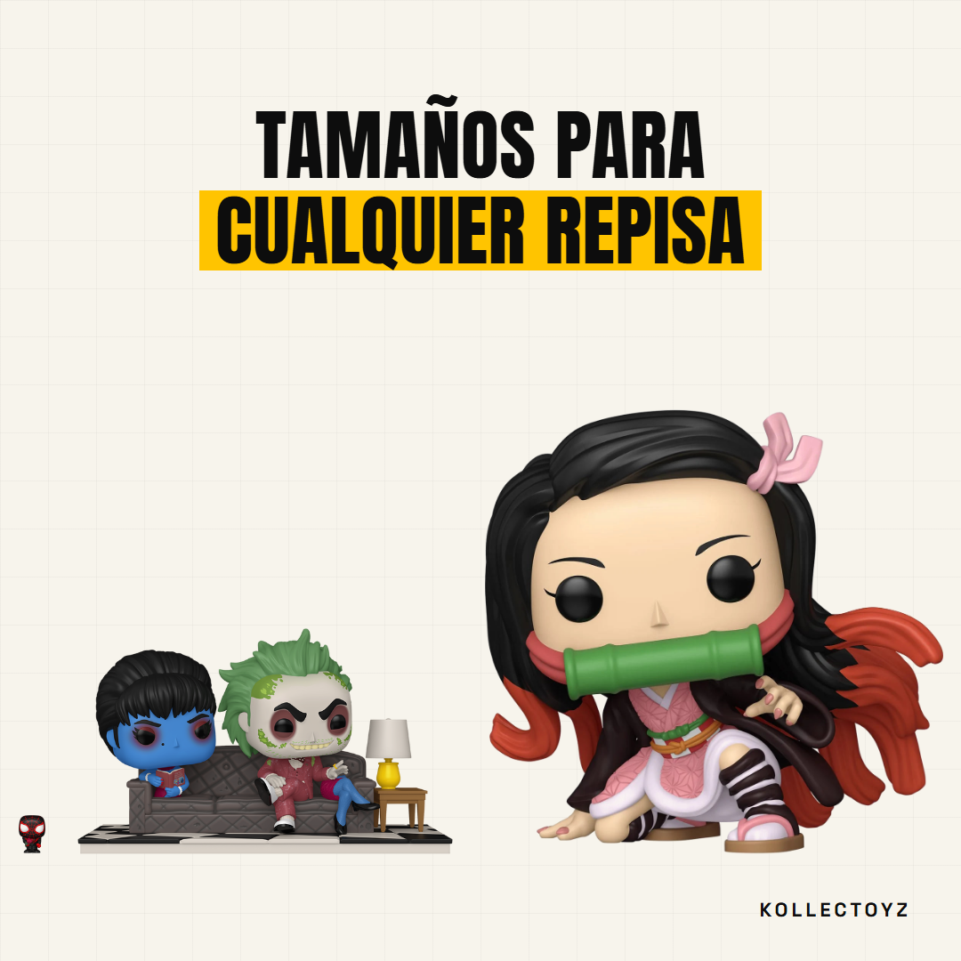 Tres Funko Pop en proporción real, del más chico al más grande: un Bitty Pop de 2 cm, un Pop Moment y una Nezuko Jumbo de 25 cm, bajo el titular Tamaños para cualquier repisa